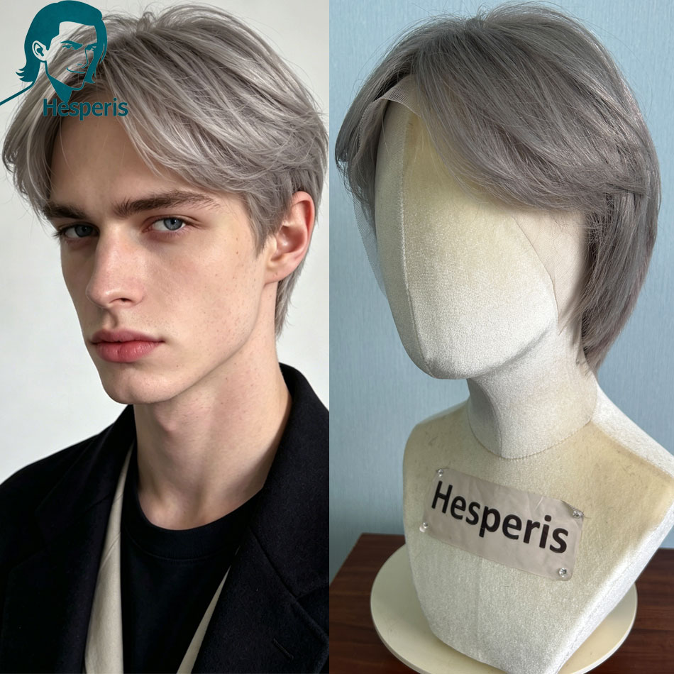 Pre Parted 13X4 Lace Front Bob Wig - 헤스페리스 브라질리언 레미 그레이 컬러 남성