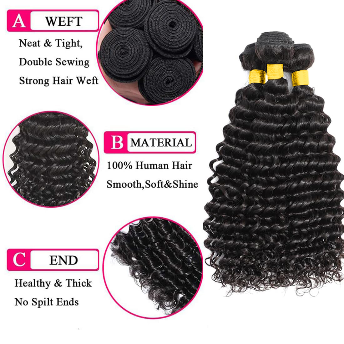 100% 브라질산 버진 생인모 딥 웨이브 더블 웨프트  - Deep Wave 3 Bundles With Closure 리뷰 및 가격